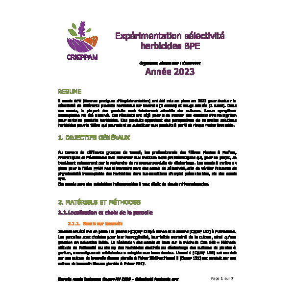 CR 2023 - Expérimentation sélectivité  herbicides BPE