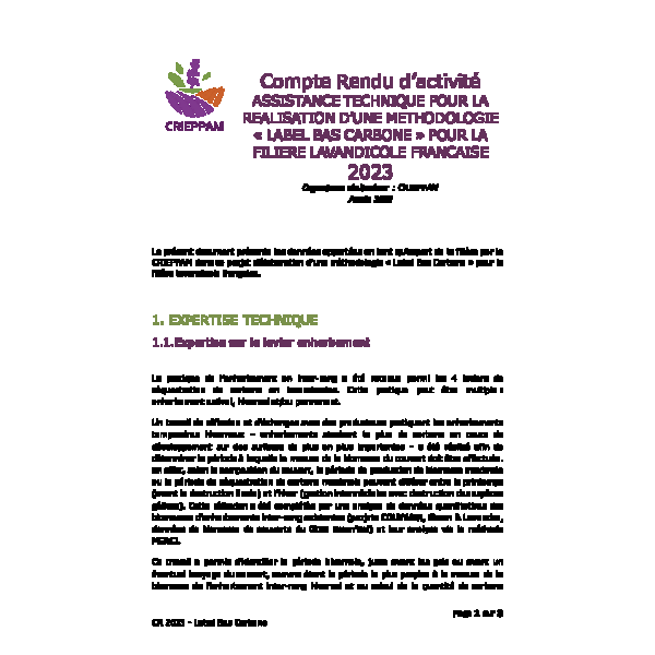 CR 2023 - ASSISTANCE TECHNIQUE POUR LA REALISATION D’UNE METHODOLOGIE « LABEL BAS CARBONE » POUR LA FILIERE LAVANDICOLE FRANCAISE