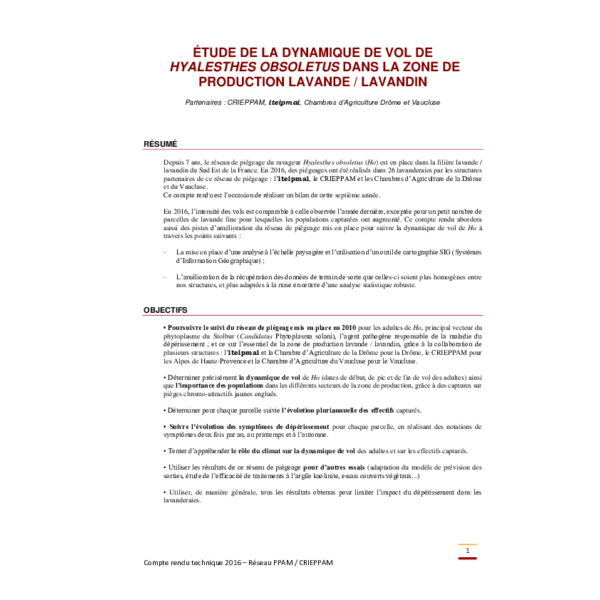 Etude de la dynamique de vol de Hyalesthes obsoletus dans la zone de production lavande / lavandin