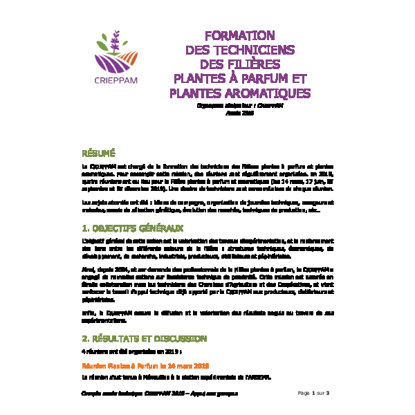 Formation des techniciens des filières plantes à parfum et plantes aromatiques