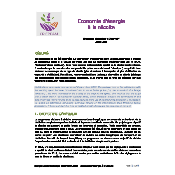 Economie d’énergie à la récolte