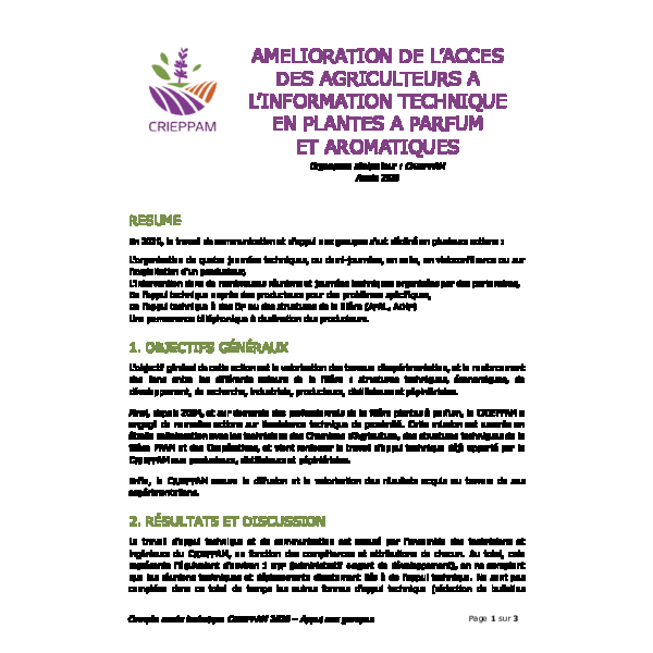 Amélioration de l’accès des agriculteurs a l’information technique en plantes a parfum et aromatiques