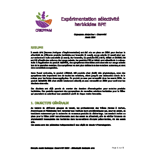Expérimentation sélectivité herbicides BPE