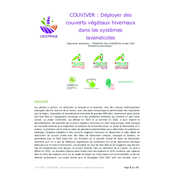 COUVIVER : Déployer des couverts végétaux hivernaux dans les systèmes lavandicoles